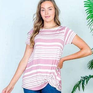 Twist Hem Short Sleeve Relaxed Fit Top Mauve & Ivory Stripes